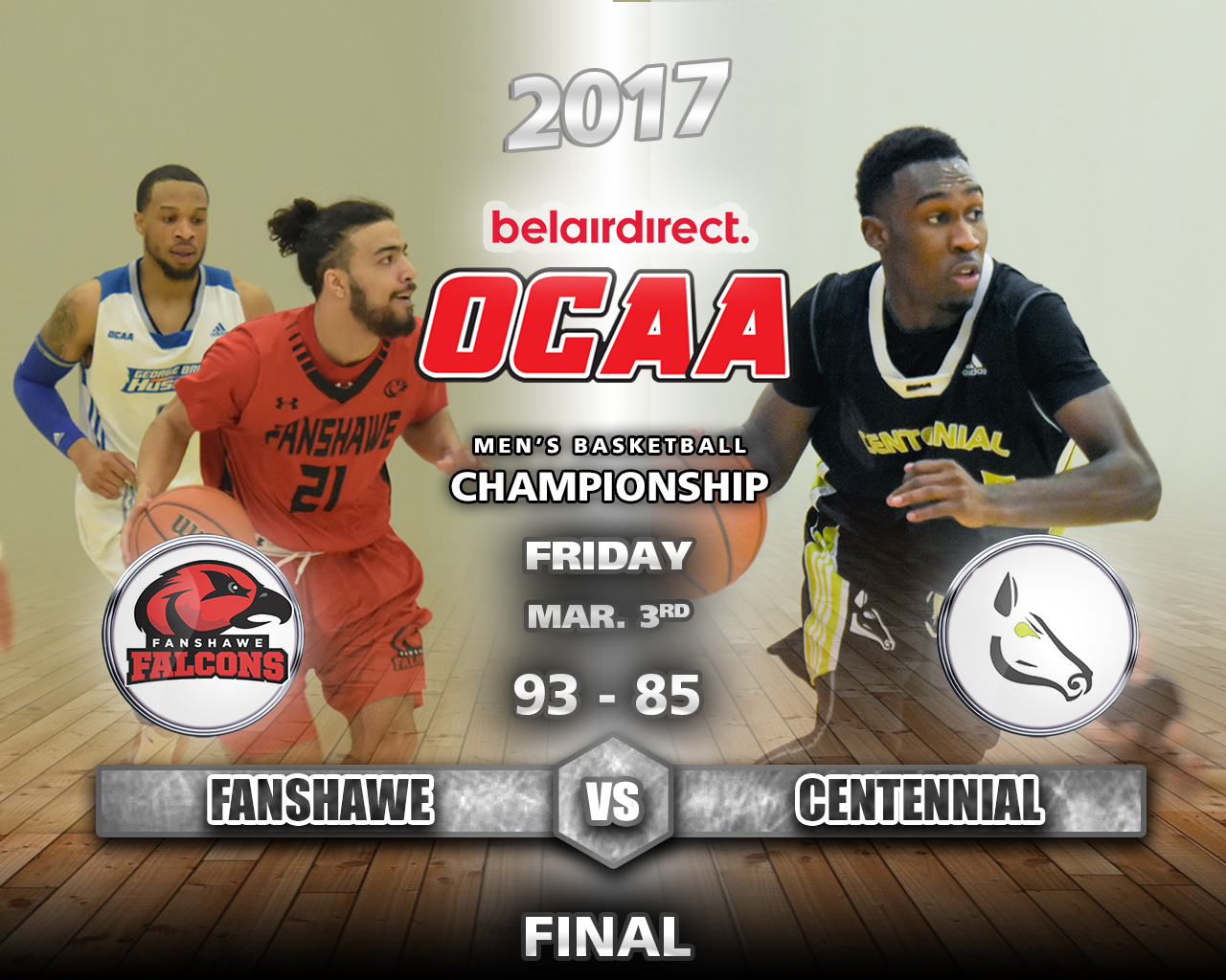 The Fanshawe Falcons beat the host Centennial Colts, 93-85, in the consolation semifinals during Day 2 (Friday March 3) of the 2017 OCAA Men's Basketball Championships.