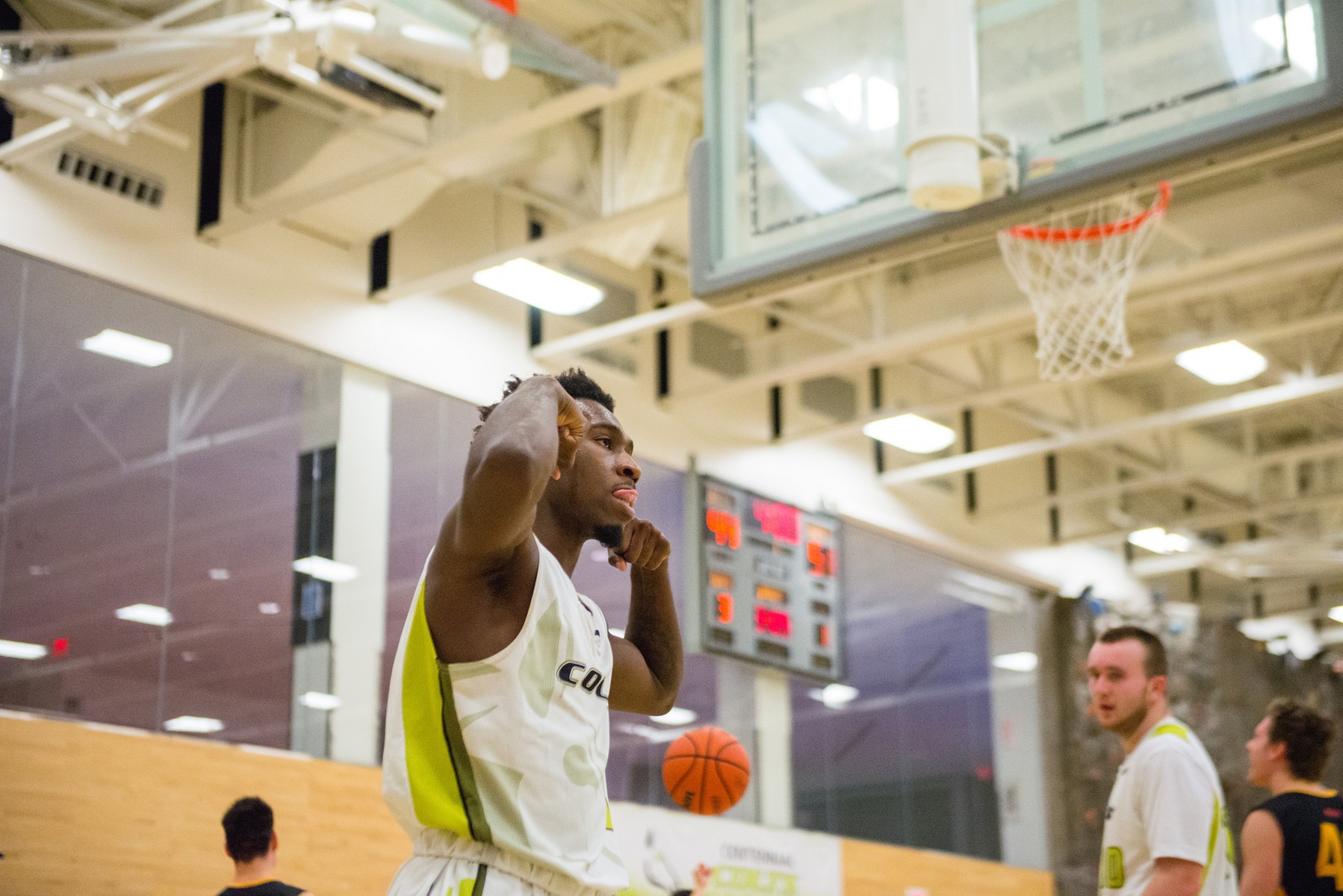 Colts point guard Jahshua McFarlane flexes after hitting an and-one layup during second half action against the Fleming Knights Wednesday night at the Athletic and Wellness Centre. Centennial ended their three-game home stand with a 81-73 victory over Fleming. (Yvano Antonio/Colts Athletics)