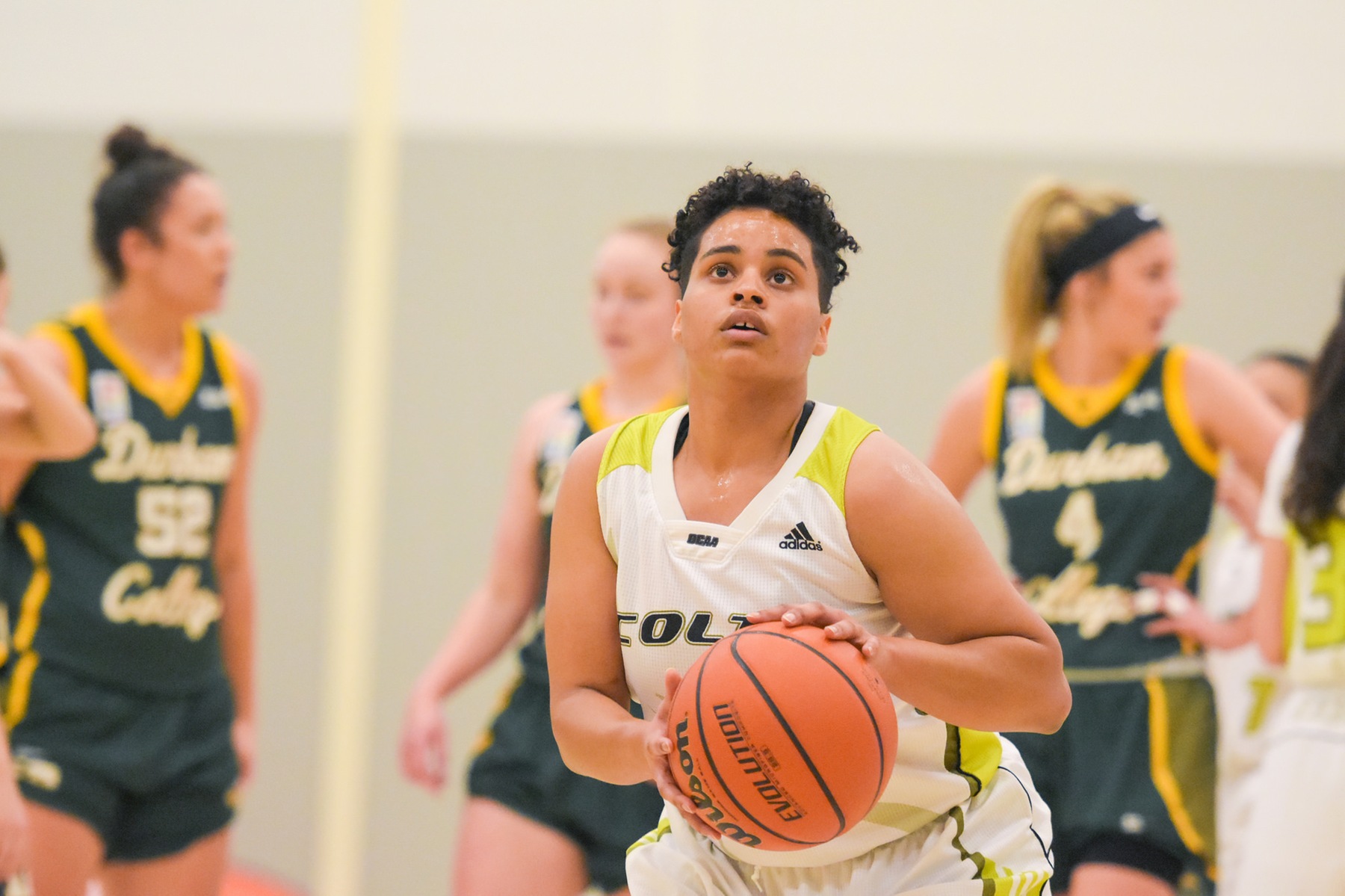 Karmealia Turner of the Centennial Colts gets ready to shoot her free throw during the first quarter of her final game as a Colt at the Athletic and Wellness Centre against the Durham Lords Tuesday night. Turner finished with eight points but the Lords ruined the party as they beat, 72-63, in overtime (Yvano Antonio/Colts Athletics).