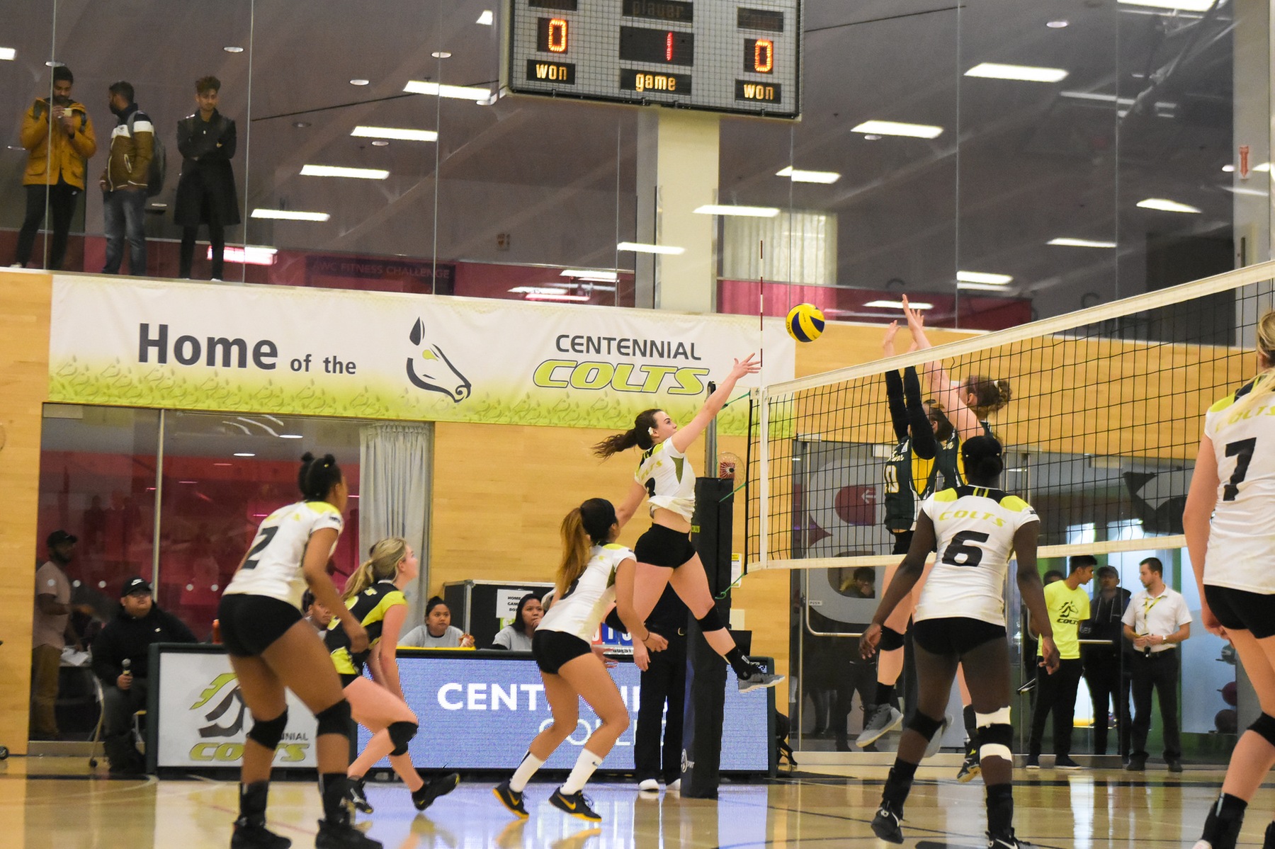 Centennial's Lizzie Bowers goes up for the kill against the Durham Lords in women's volleyball action at the Athletic and Wellness Centre. The Colts won their sixth straight game, winning in four sets, and earning a season sweep of the Lords (Photo Credits: Khree Fearman/Colts Athletics)